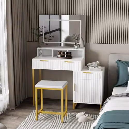 KOSY KOALA Modern Dressing Table Set with LED Mirror, Storage Cabinet and Stool in White and Gold, W/D/H: 100 x 40 x 140 cm – 2