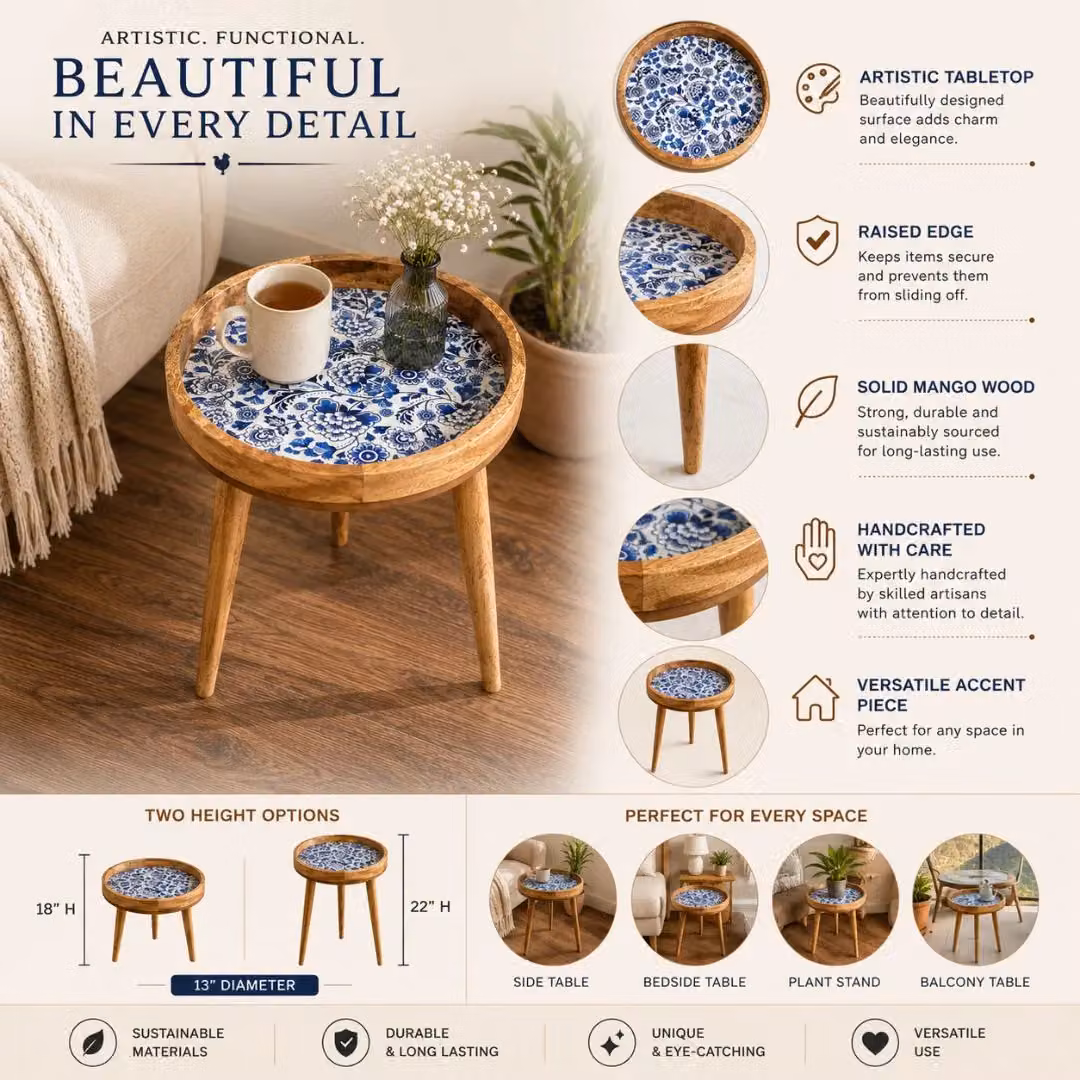 Hartsmede Mango Wood Round Side Table with Floral Enamel Resin Top in Beige, W/D/H: 36 x 36 x 47 cm – 3