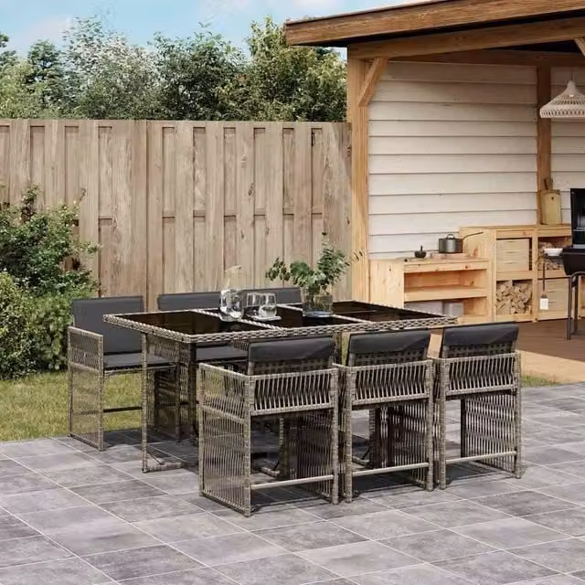 Berkfield Home 7 Piece Grey Poly Rattan Garden Dining Set with Cushions and Glass Tabletop