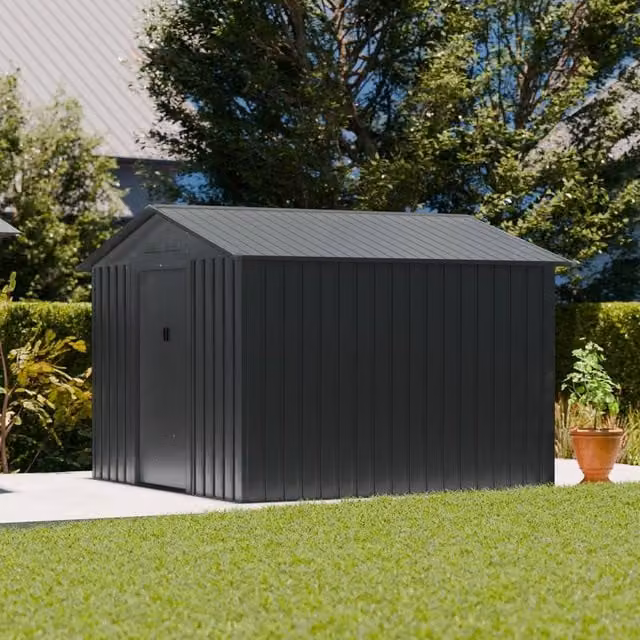 sweeek Metal Garden Storage Shed in Dark Grey, W/D/H: 274.3 x 274.3 x 203 cm