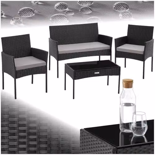 tectake 4-Seater Rattan Garden Furniture Set in Black and Grey with Upholstered Cushions, 2-Seater Sofa, Lounge Armchairs and Coffee Table with Powder Coated Steel Frame