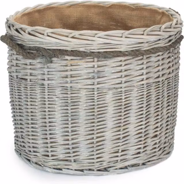Red Hamper Set of 3 Grey Wash Wicker Rattan Log Baskets with Hessian Lining and Handles – 1