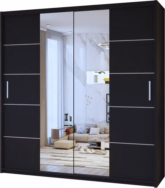 Sliding Wardrobes 4U Burj Modern Black Sliding Mirror Wardrobe, Width: 150 cm