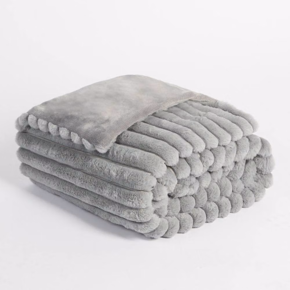 OHS Grey Faux Fur Ribbed Fleece Throw Blanket, W: 150 cm, D: 200 cm – 2
