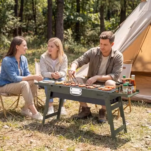 Outsunny Portable Foldable Charcoal BBQ Grill in Green with Stainless Steel Tabletop – 8