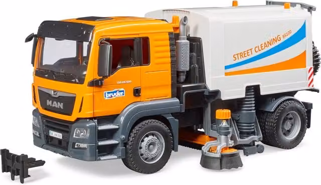 Bruder MAN TGS Street Sweeper Detailed Vehicle and Playset Model in Orange, 1:16 Scale