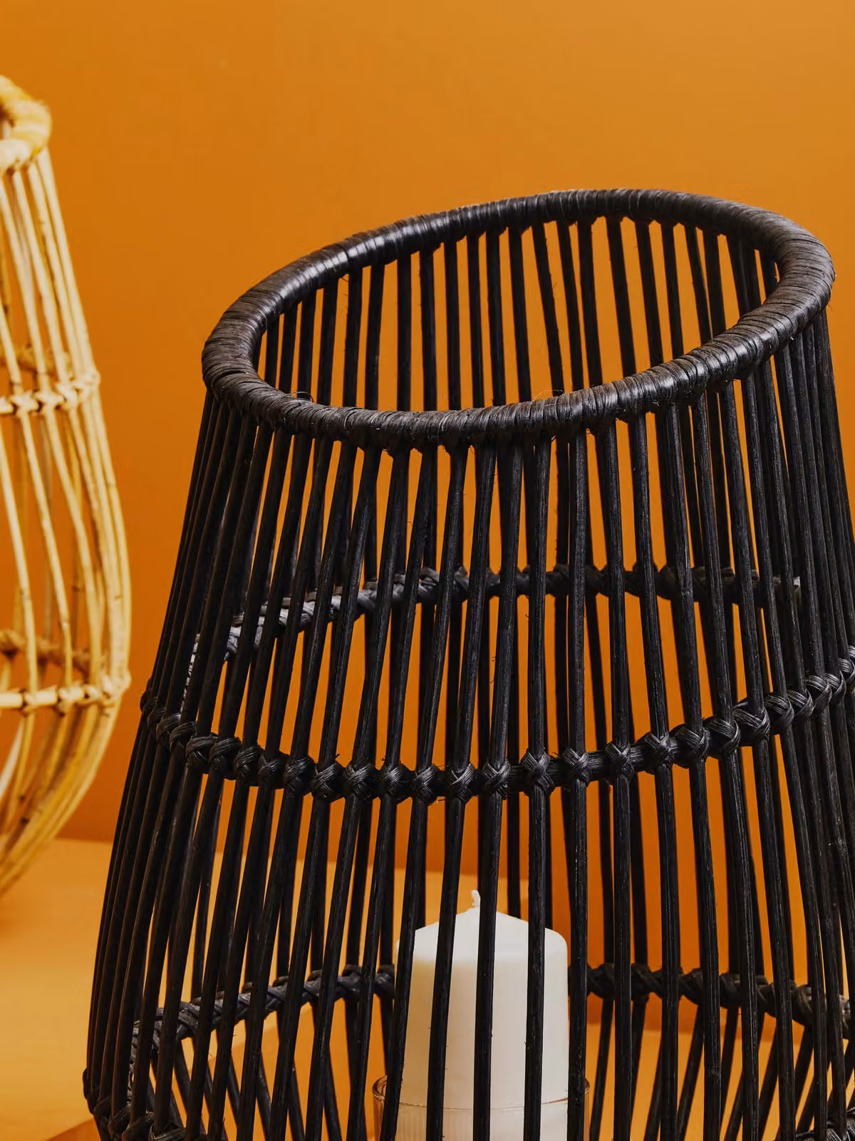 Orsina Modern Rounded Design Lantern in Black with Rattan and Glass – 3