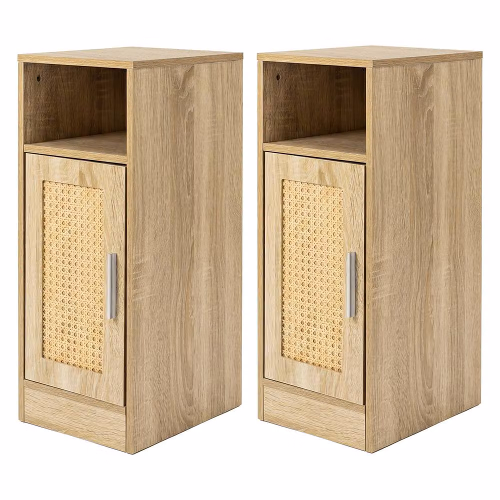 Levede Set of 2 Slim Bedside Tables with Rattan Doors and Wood Storage in Brown – 2