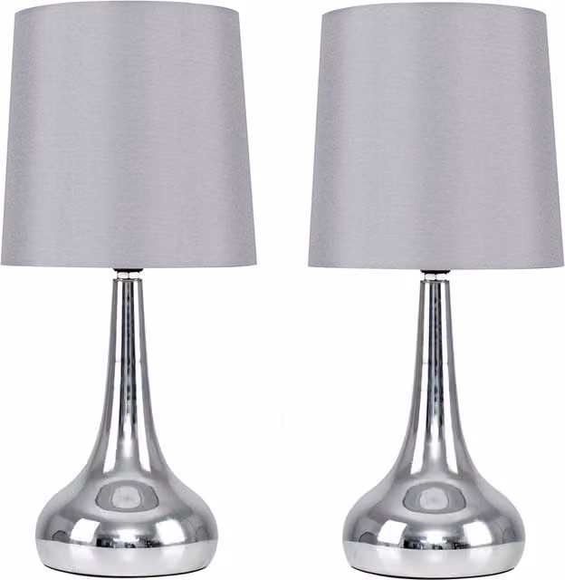ValueLights Teardrop Pair of Chrome Touch Table Lamps with Grey Fabric Shades
