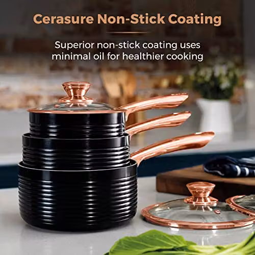 Tower 3 Piece Ceramic Non Stick Saucepan Set with Lids, Black and Gold – 4