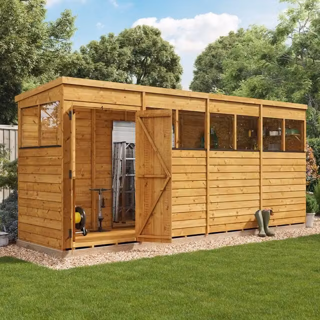 BillyOh Rustic Brown Wooden Pent Shed with Window, W: 487.68 cm, D: 244 cm, H: 182.88 cm