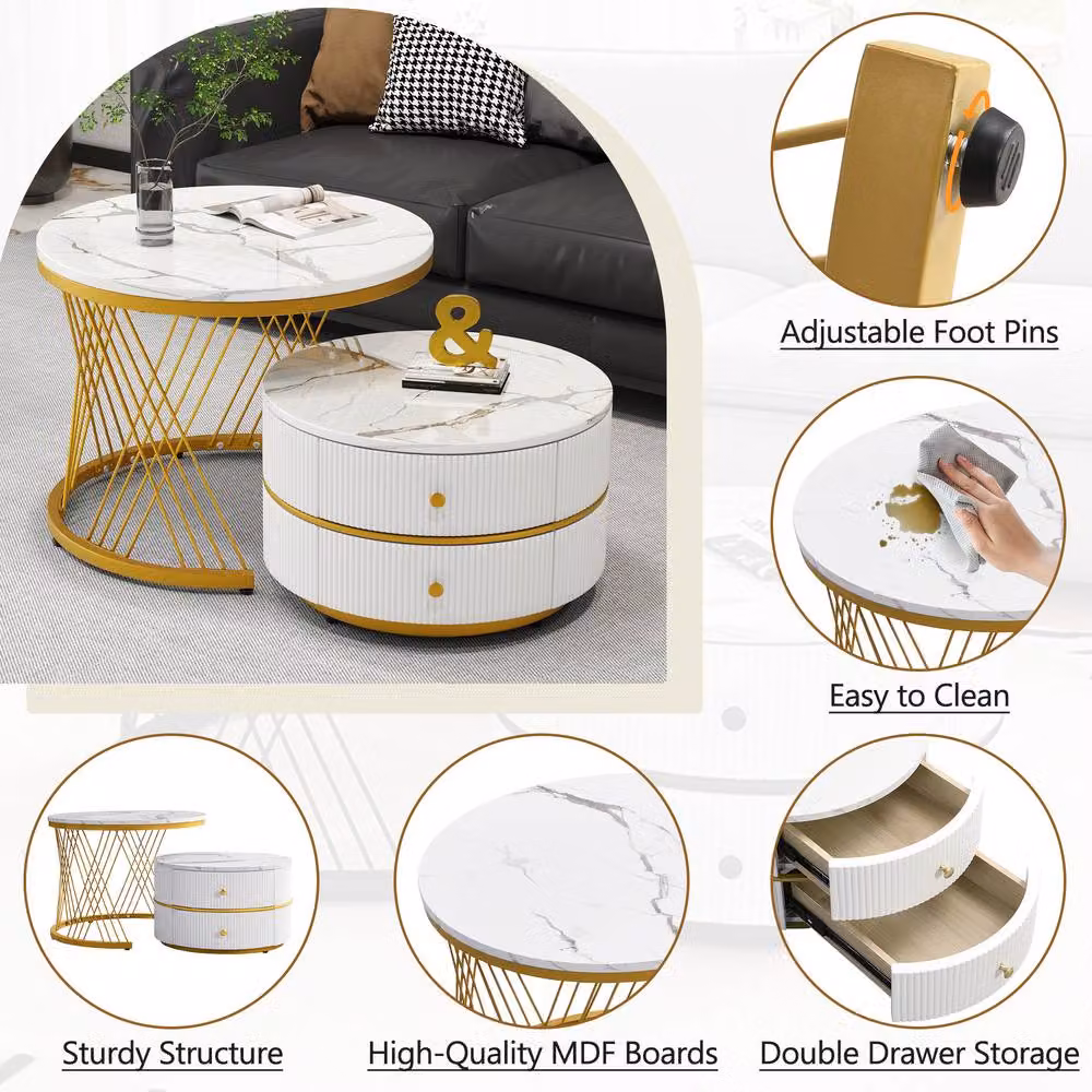 ModernLuxe Set of 2 High Gloss Round Nesting Coffee Tables with Drawers in White and Gold – 4