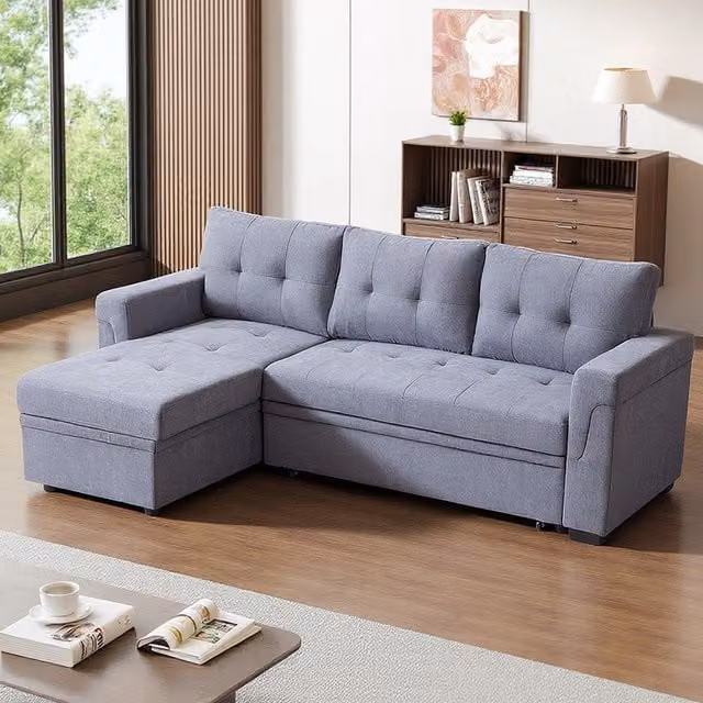 Livingandhome 3 Seater Reversible L-Shape Upholstered Corner Sofa Bed with Storage in Grey