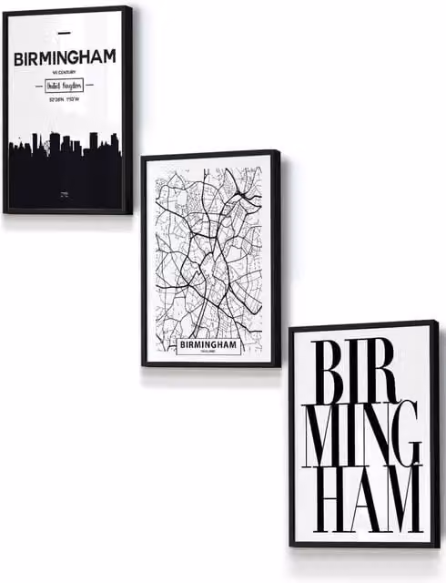 ARTZE Birmingham Skyline Street Map Framed Wall Art, Black and White, W: 33 cm, H: 45 cm, D: 0.2 cm