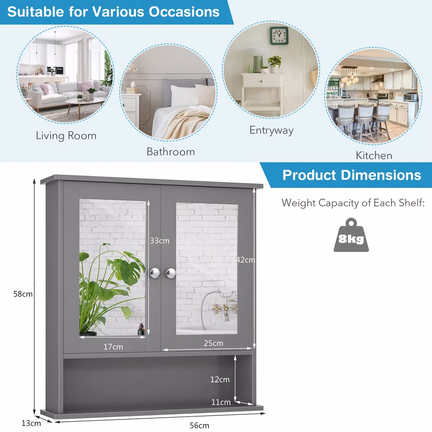 Costway Grey Wooden Wall Mounted Bathroom Mirror Cabinet with Glass Hinged Doors and Internal Shelves – 2