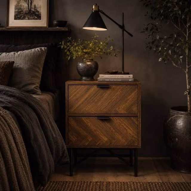 Wyld Haus Lipana 2 Drawer Bedside Table in Walnut Brown with Metal Handles, W: 39.5 cm, D: 48.0 cm, H: 61.0 cm – 1