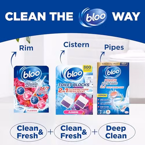 Bloo Power Active Toilet Rim Block Fresh Flowers with Anti-Limescale and Cleaning Foam, Multicolour – 6