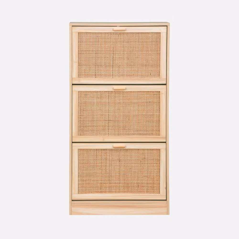 sweeek 3-door Scandinavian shoe cabinet with rattan and wood effect in brown, W/D/H: 118 x 24 x 60 cm – 2