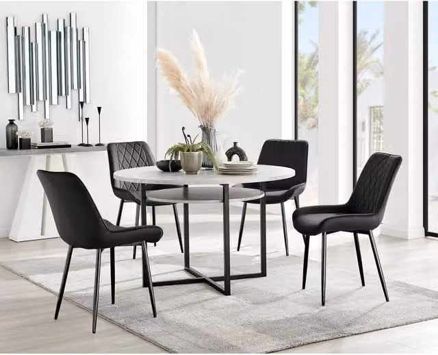 FurnitureboxUK Adley Grey Concrete Effect Round Dining Table and 4 Pesaro Black Leg Chairs Set