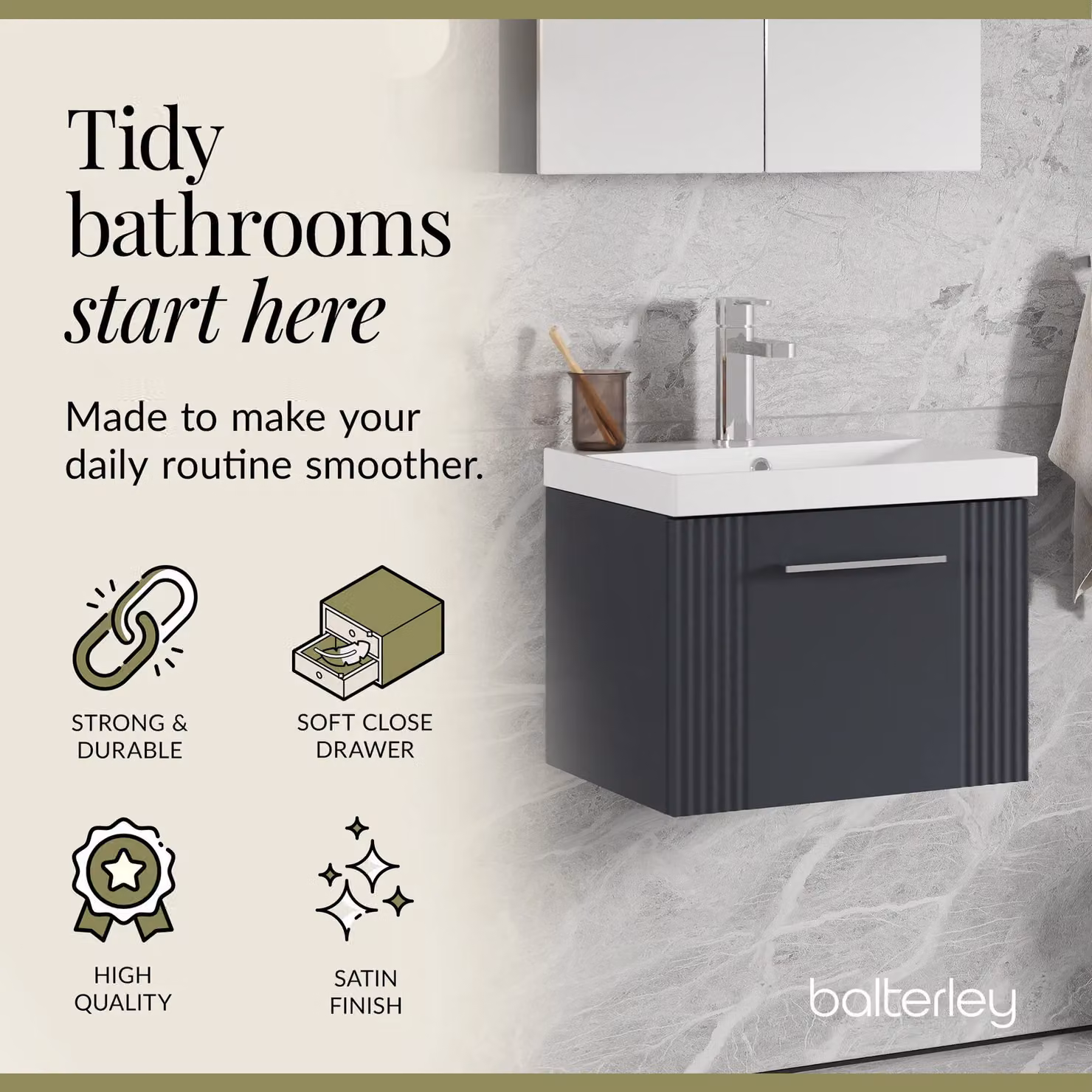 Balterley Wall Hung 1 Drawer Vanity Unit with Thin-Edge Basin, Satin Dark Grey, W: 50 cm, H: 76.4 cm, D: 50 cm – 3