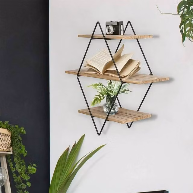 SPETLEK 3 Tier Diamond Geometric Floating Wall Shelf in Light Oak – 1