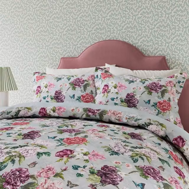 Sanderson Summer Peony Cotton Percale Single Duvet Cover and Pillowcase Set, Blue Multicolour, W: 90 cm, H: 200 cm – 1