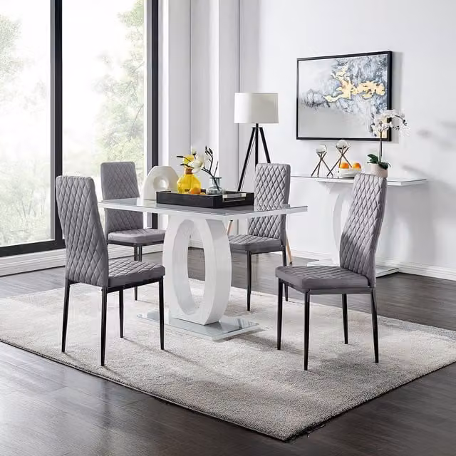 FurnitureboxUK Giovani Grey Glass Dining Table and 4 Black Velvet Milan Chairs