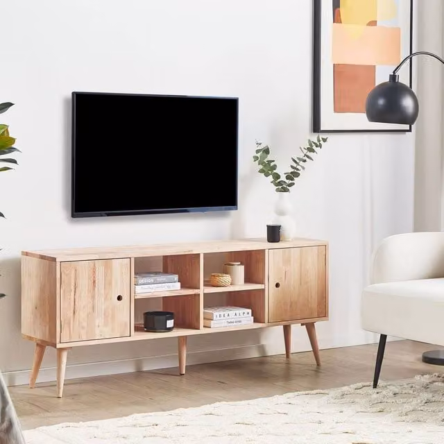 Wyld and Coco Rubberwood 2-Door TV Stand in Light Brown Retro Scandi Style