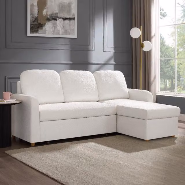 GRS Reversible L-Shape Pull Out Drawer Sofa Bed in White Bouclé Fabric