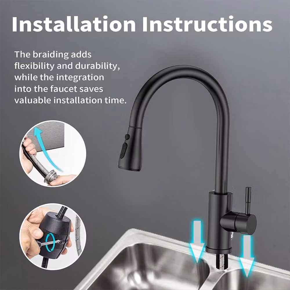 Kelvenix Black Single Lever Kitchen Sink Mixer Tap with 360 Degree Rotation, Pull Out Spout and Spray Function – 3
