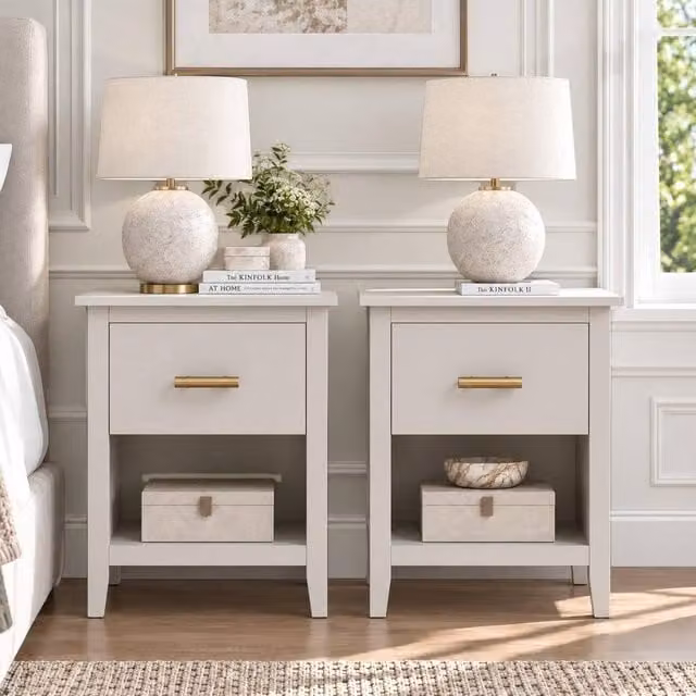 Merax Set of 2 Modern Style Bedside Tables with Drawer and Open Shelf in Beige