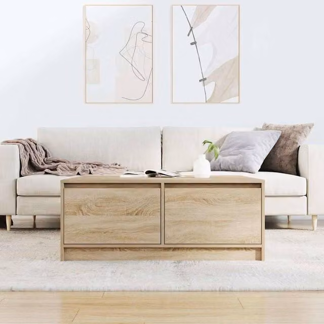 Berkfield Home Decorative Coffee Table with Drawers in Sonoma Oak and Beige, W/D/H: 100 x 100 x 40 cm