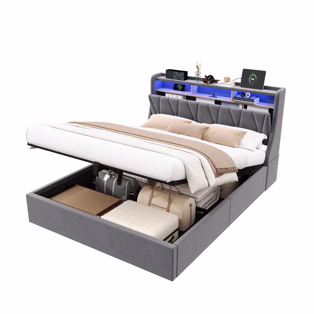 Rolipo Grey Velvet Double Ottoman Storage Bed with LED Lighting and USB Charging Port, W/D/H: 140 x 200 cm – 3