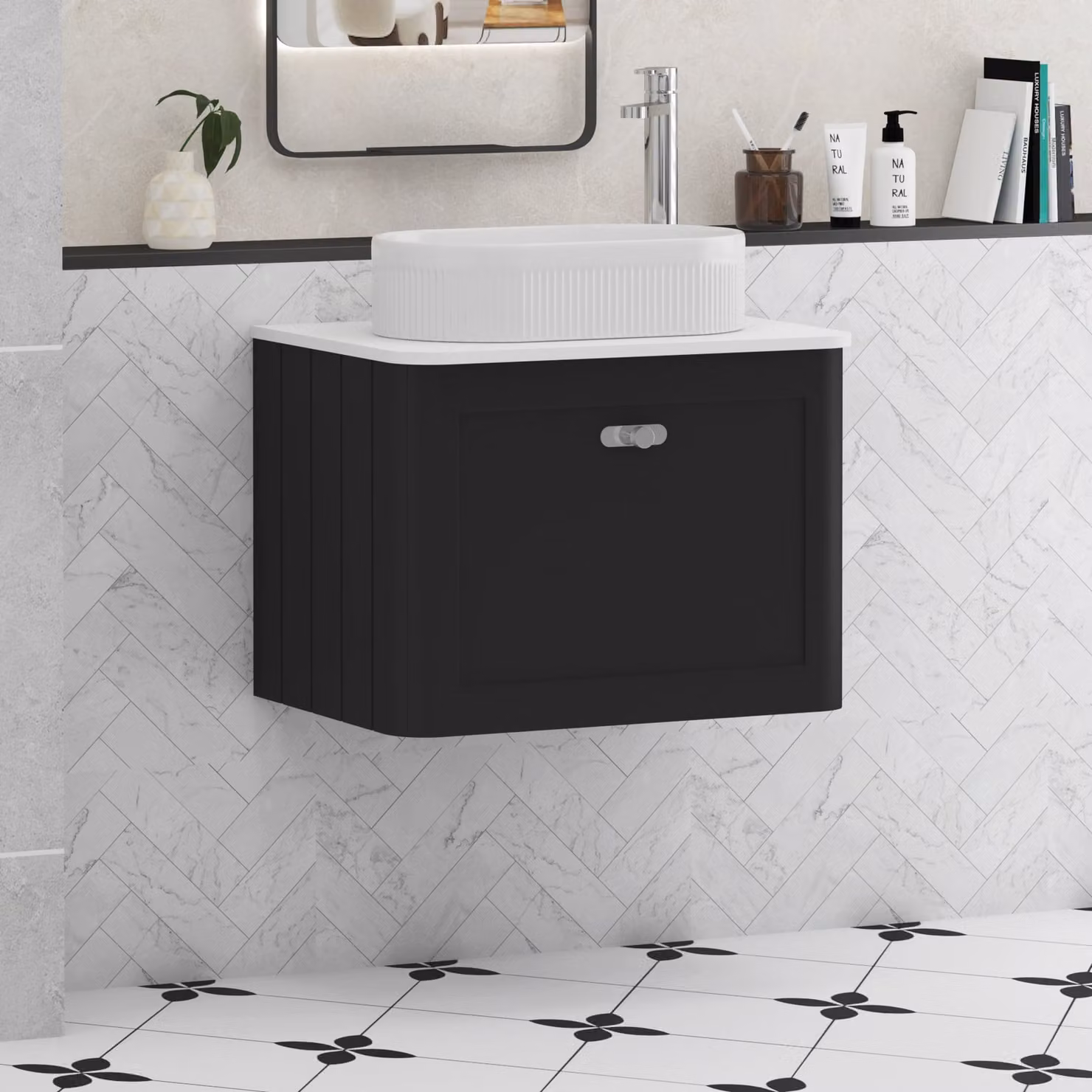Royal Bathrooms Henley 600mm Wall Hung Vanity Unit in Matt Nocturne Black with Plain White Worktop, Lyon Basin and Chrome Knob