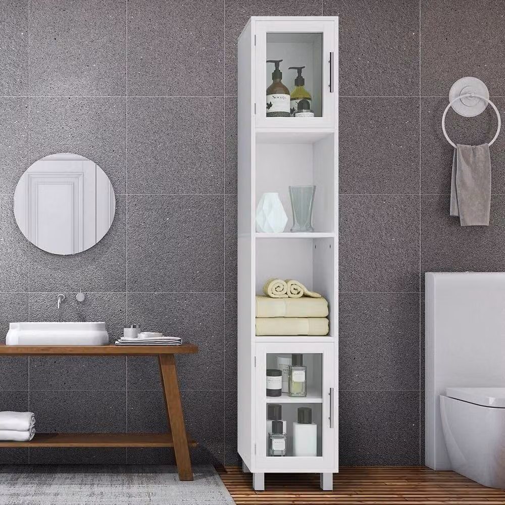 Kelvenix Slim Freestanding Tall Bathroom Cabinet in White with Glass Doors and Internal Shelves, H 180 cm – 2