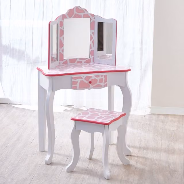 Teamson Kids Vanity Table with Mirror and Stool in White and Giraffe Print