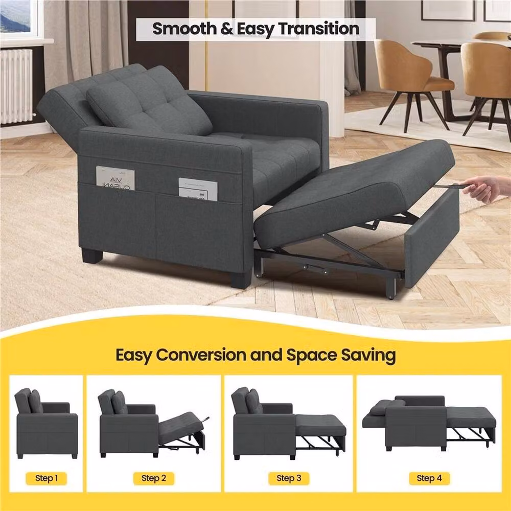 PAWNORA 3-in-1 Convertible Sleeper Chair Bed in Dark Grey Fabric with Metal Frame and Armrests – 4