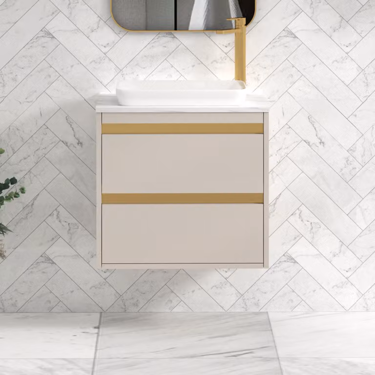 Royal Bathrooms Orion 800mm Warm Taupe Wall Hung 2 Drawer Vanity Unit with Qubix Basin and Brushed Brass Accent Trim