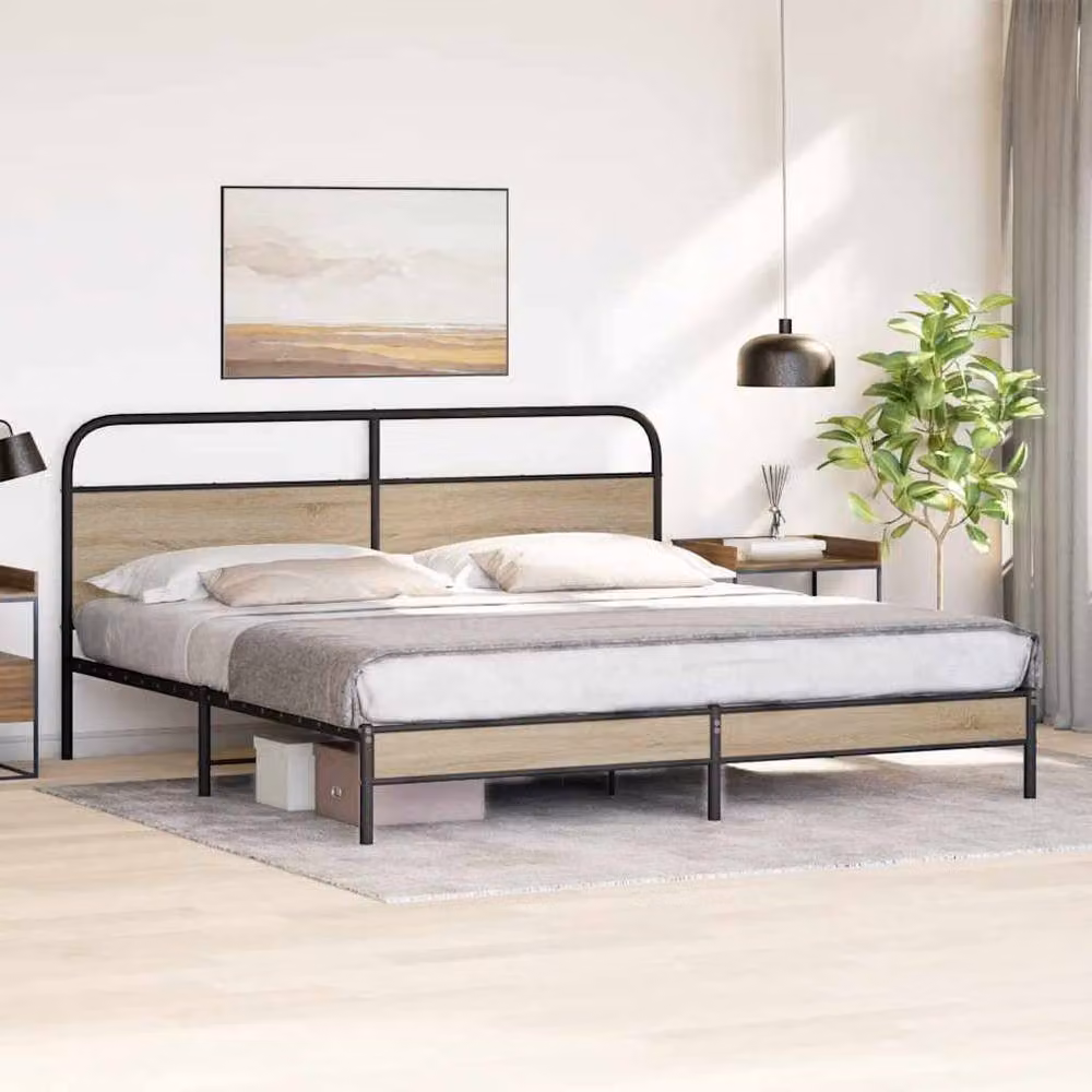 Berkfield Home Industrial Metal and Oak Bed Frame with Drawers, Brown, W/D/H: 200 x 200 x 206 cm – 2