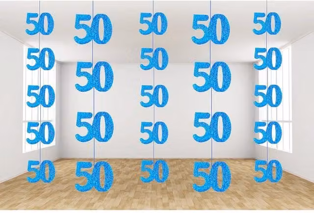 Shatchi 50th Birthday Hanging Paper Pennant String in Shine Blue