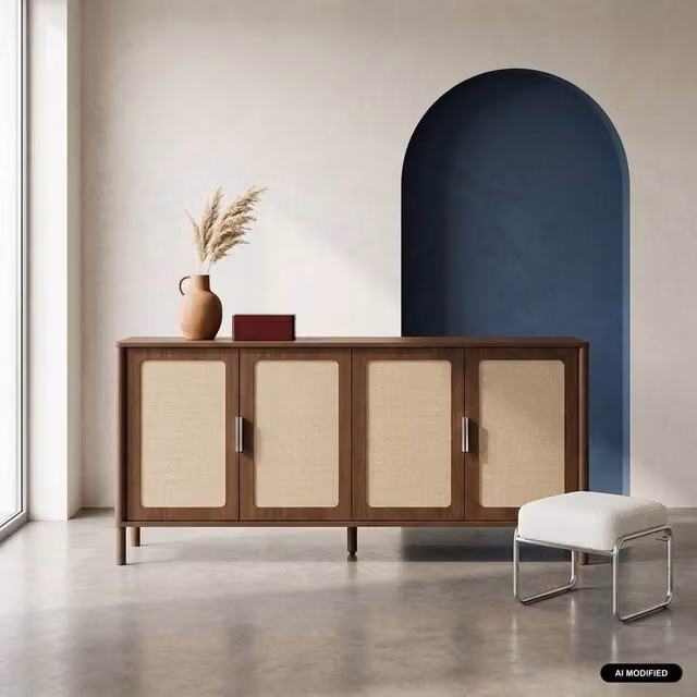 sweeek Vintage Mid-Century Sideboard with 4 Doors and Cane Decor in Dark Brown