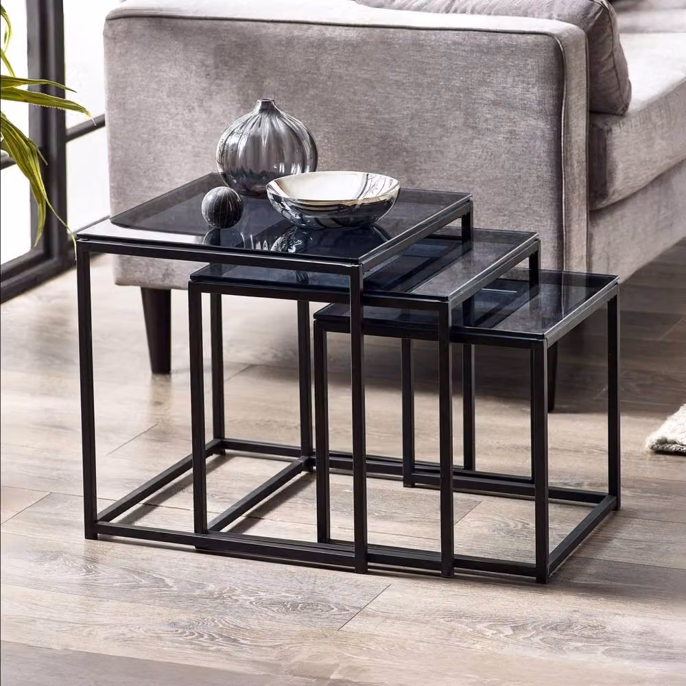 Cheshire Stirling Nest of 3 Modern Square Tables in Black and Smoked Glass – 2