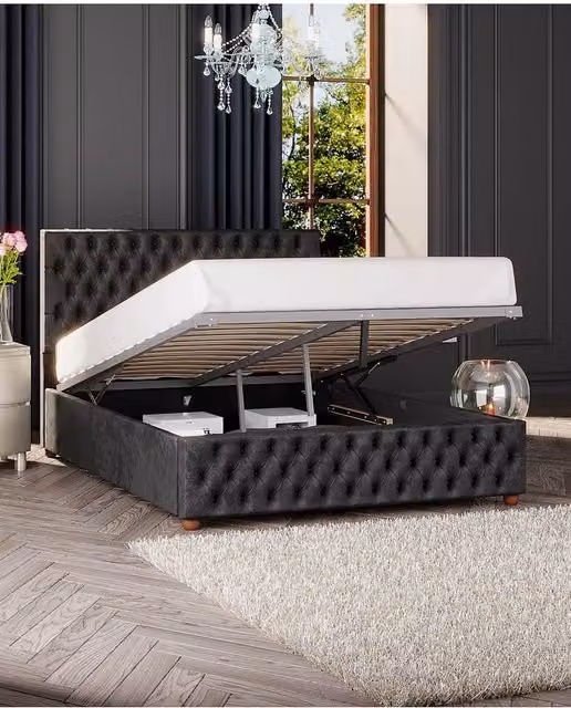 Laurence Llewelyn-Bowen Seren Ottoman Storage Bed in Black Mirazzi Velvet Fabric, Super King, W: 200 cm x D: 200 cm – 1