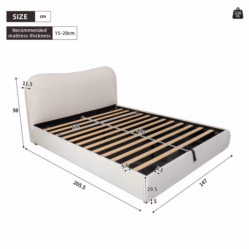 Matteo Warm White Boucle Double Ottoman Bed Frame with Curved Headboard, W/D/H: 140 x 200 cm – 2