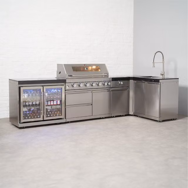 Draco Grills 6 Burner Gas Modular L-Shaped Outdoor Kitchen in Stainless Steel and Granite with Side Burner and Wheels