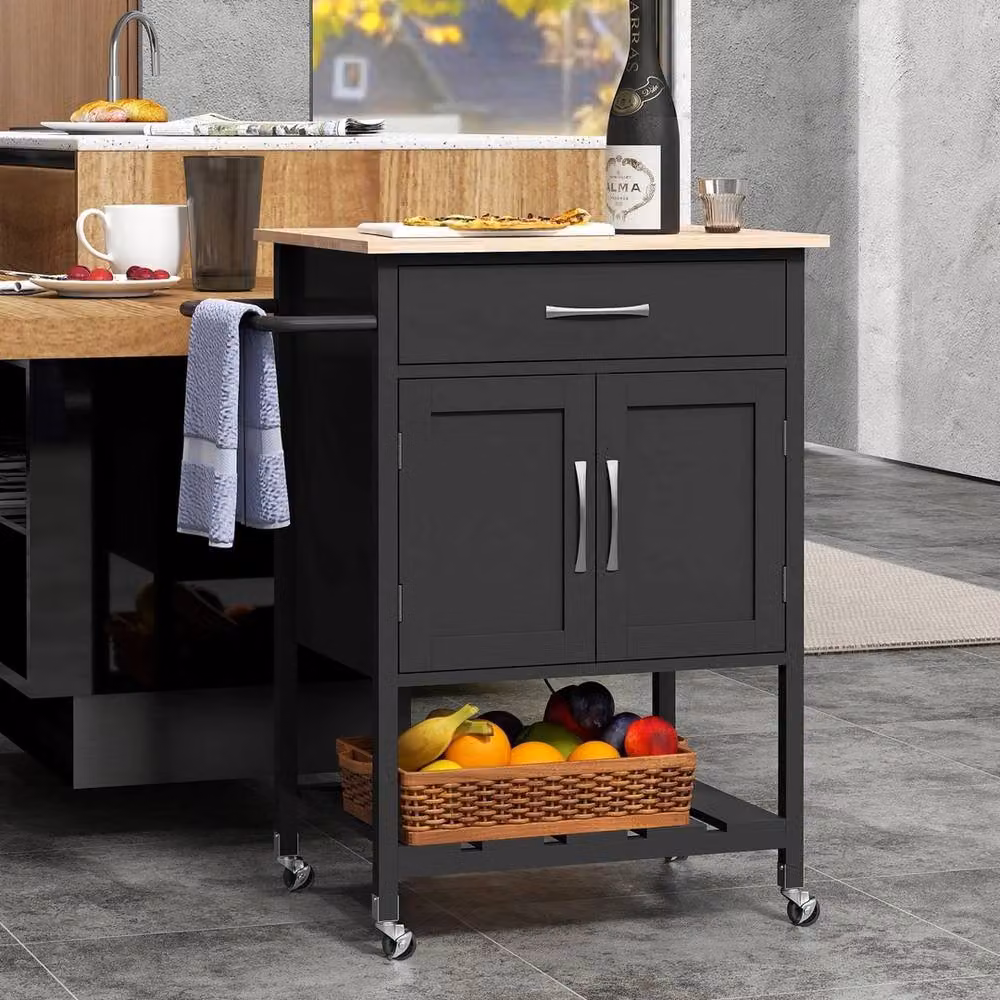 VOGREX Modern Wheeled Kitchen Island Cart with Drawer in Black and Rubberwood – 6