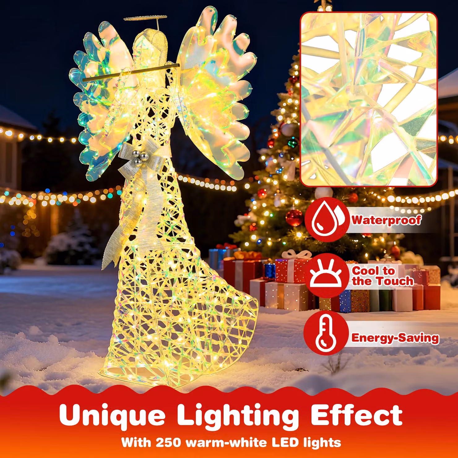 Costway 5.2 FT Lighted 3D Glittering Halo Angel Christmas Decoration in White and Multicolour – 5