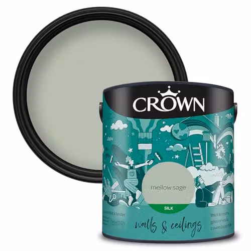 Crown Silk 2.5L Emulsion in Mellow Sage Green, Water-Based Satin Gloss Finish