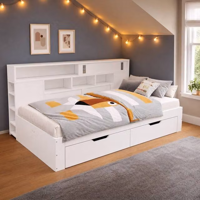 STILVORA Modern Double Bed Frame with Storage Drawers in White