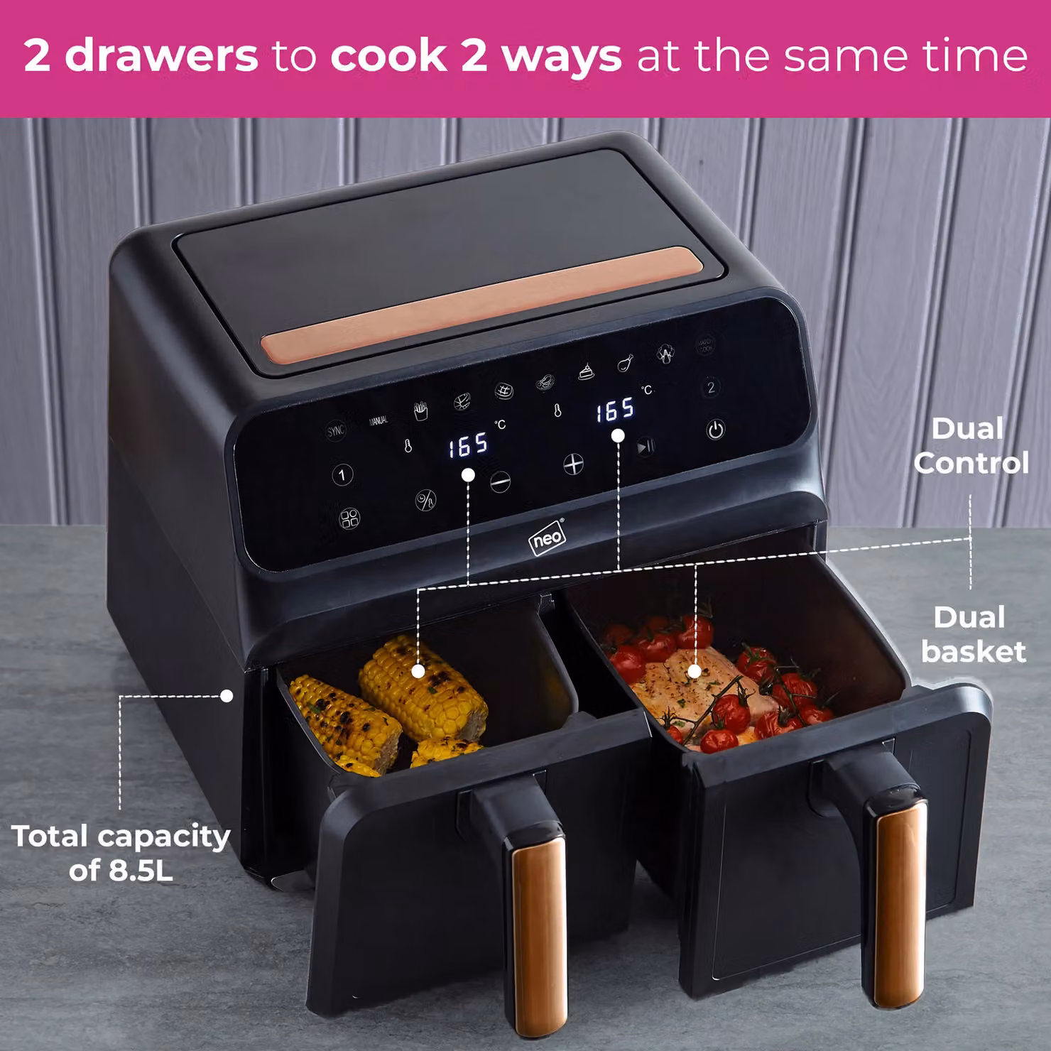 Neo Black and Copper 8.5L Electric Digital Dual Zone Air Fryer with Window – 3